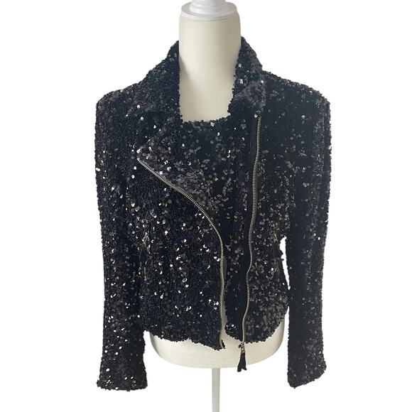 Anthropologie Maeve Sequined Bomber Moto Jacket Black Sz Small Holiday Party NEW - Picture 3 of 13